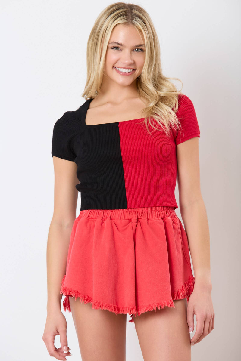 RED AND BLACK COLOR BLOCK VISCOSE KNIT TOP-Peach Love California