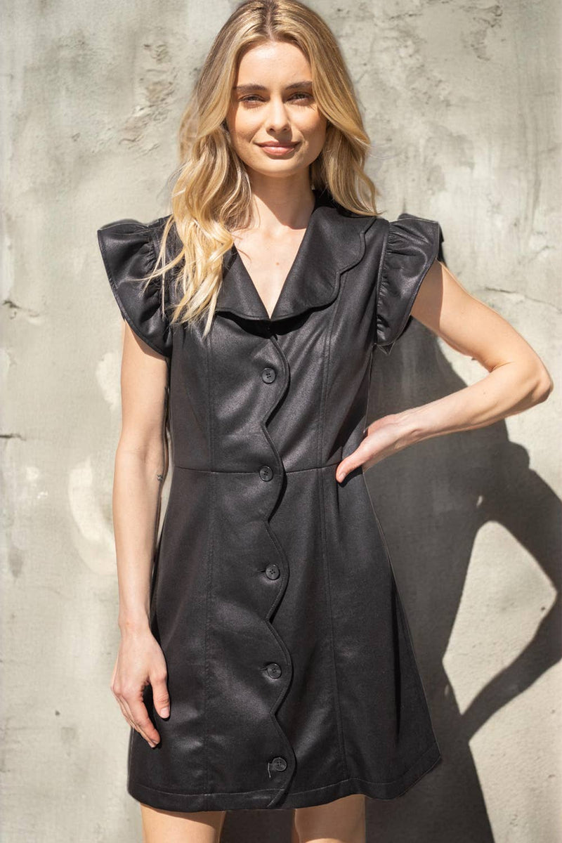 BLACK FAUX LEATHER SCALLOPED DRESS-VOY