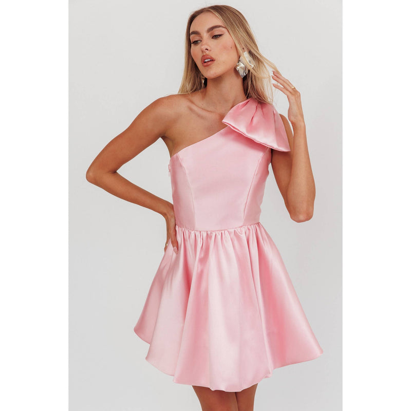 ONE SHOULDER BOW TIE MINI DRESS: BLUSH / XS-Saints & Secrets