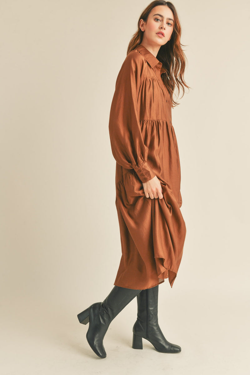 COPPER BROWN BUTTON DOWN COLLARED TIERED MIDI DRESS WITH POCKETS-&merci