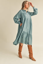 DUSTY BLUE BUTTON DOWN COLLARED TIERED MIDI DRESS WITH POCKETS-&merci