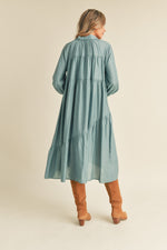 DUSTY BLUE BUTTON DOWN COLLARED TIERED MIDI DRESS WITH POCKETS-&merci