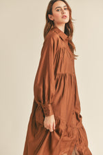 COPPER BROWN BUTTON DOWN COLLARED TIERED MIDI DRESS WITH POCKETS-&merci