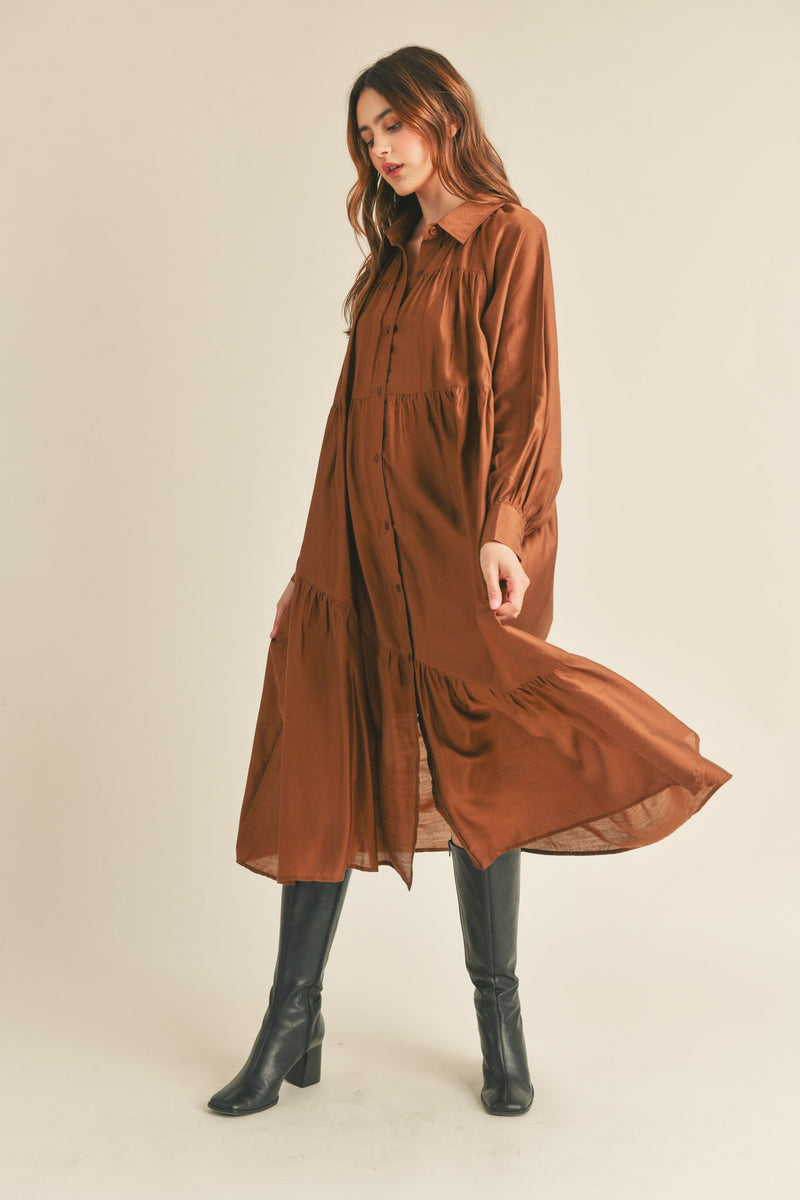 COPPER BROWN BUTTON DOWN COLLARED TIERED MIDI DRESS WITH POCKETS-&merci