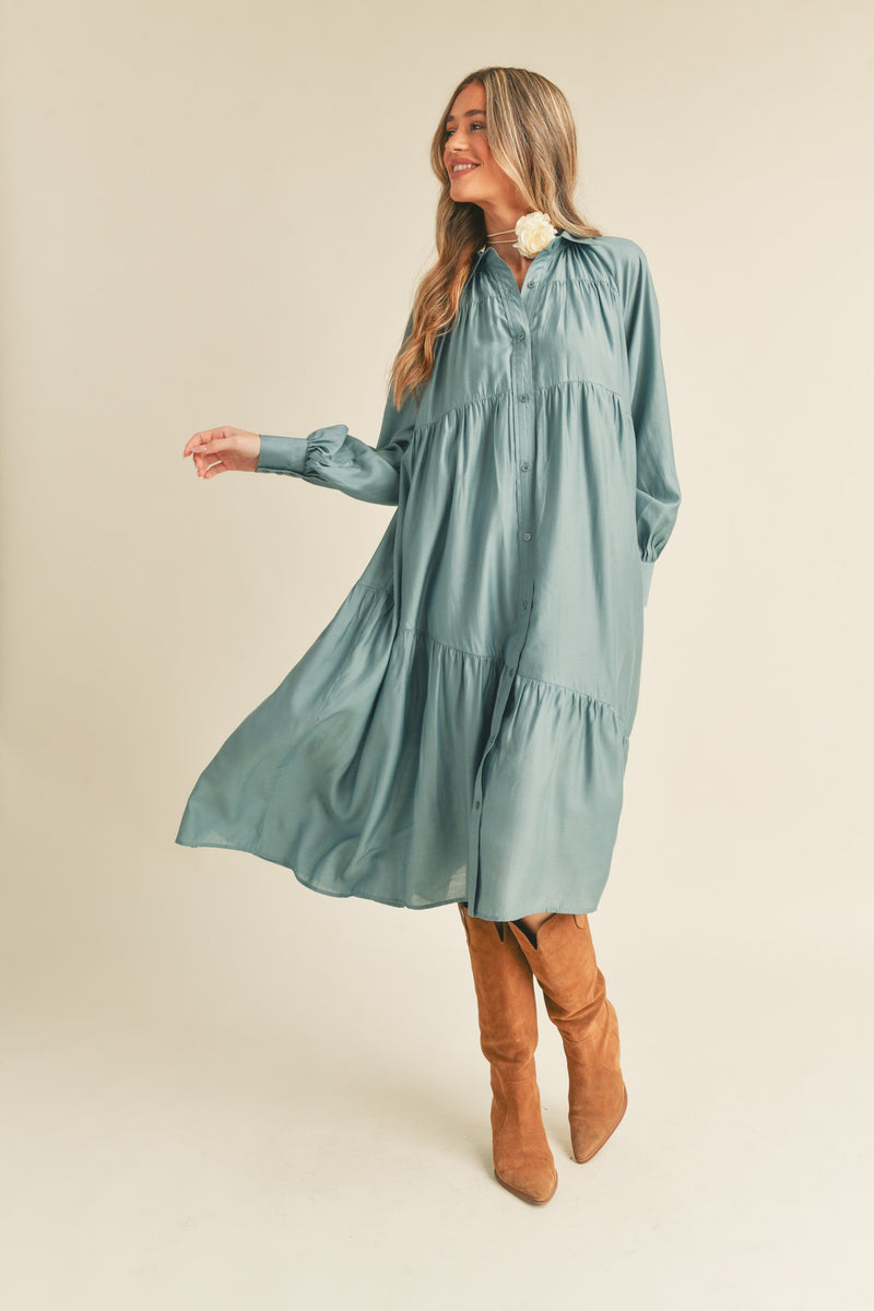 DUSTY BLUE BUTTON DOWN COLLARED TIERED MIDI DRESS WITH POCKETS-&merci