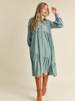 DUSTY BLUE BUTTON DOWN COLLARED TIERED MIDI DRESS WITH POCKETS-&merci