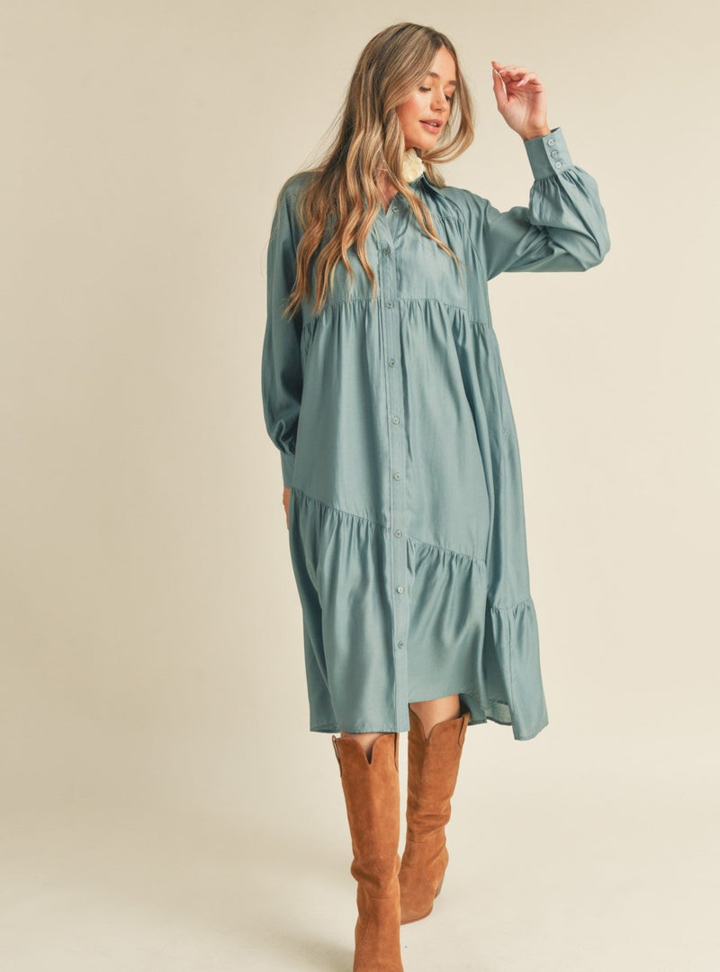 DUSTY BLUE BUTTON DOWN COLLARED TIERED MIDI DRESS WITH POCKETS-&merci