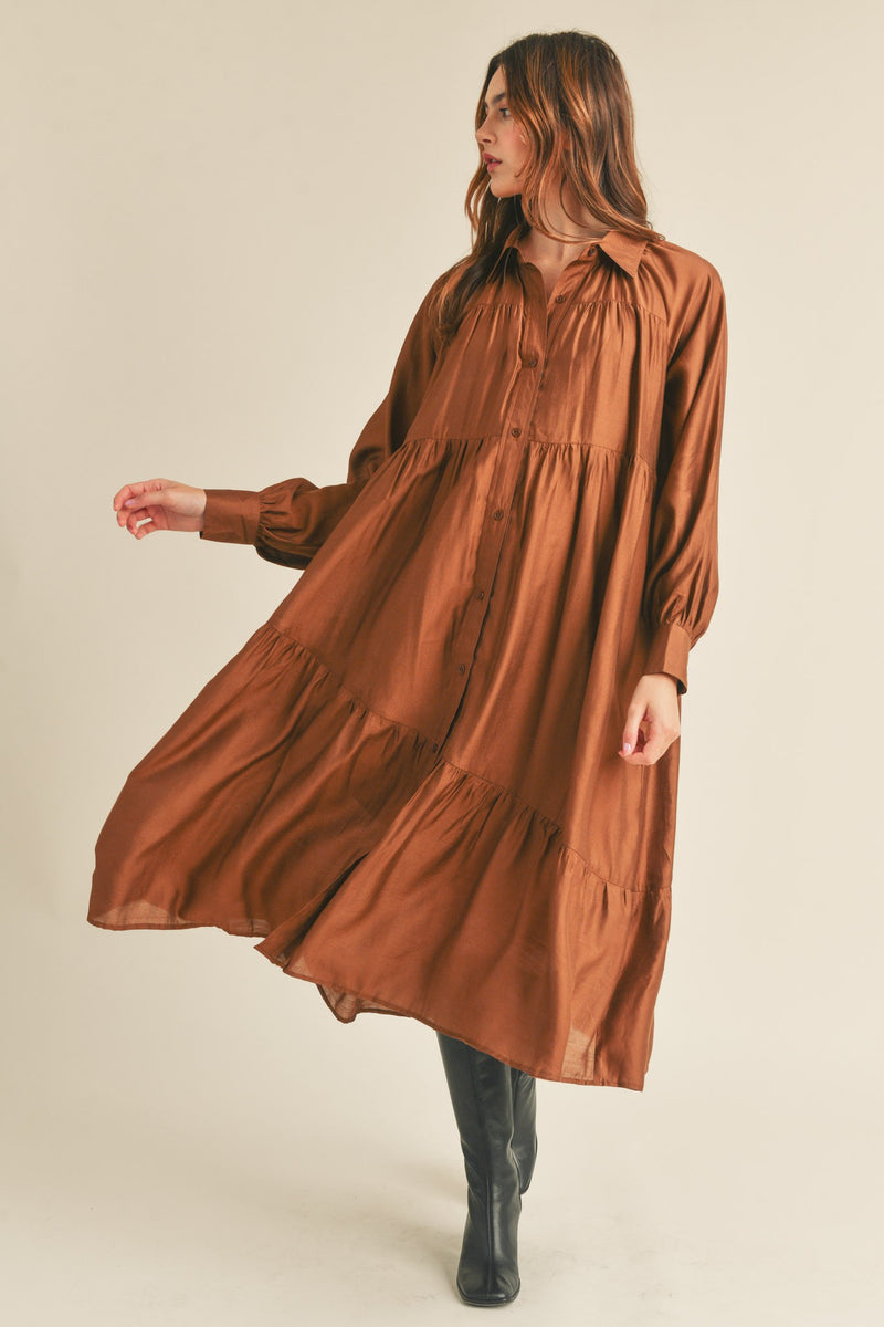 COPPER BROWN BUTTON DOWN COLLARED TIERED MIDI DRESS WITH POCKETS-&merci