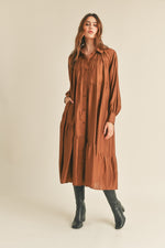 COPPER BROWN BUTTON DOWN COLLARED TIERED MIDI DRESS WITH POCKETS-&merci