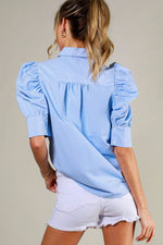 BLUE COLLARED NECKLINE PUFF SLEEVE STRIP PRINT BLOUSE TOP-Vine & Love