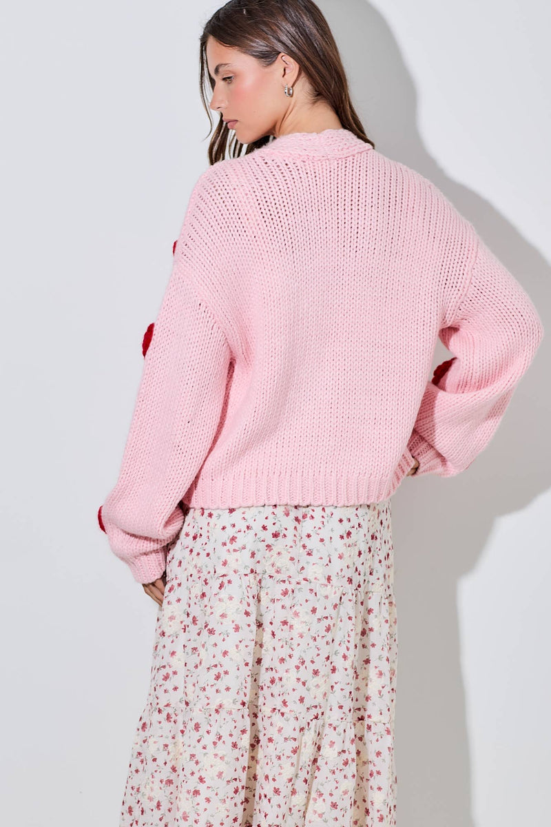 PINK KNITTED CARDIGAN WITH RED BUBBLE HEART DETAIL-Baevely by Wellmade USA