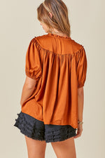 RUST RUFFLE DETAIL TIE NECK BLOUSE-Sissy Boutique