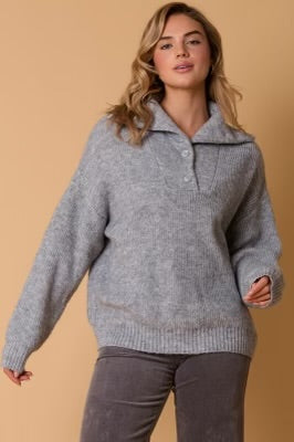 GRAY KNIT COLLARED PULLOVER SWEATER WITH BUTTON DETAILING-Sissy Boutique