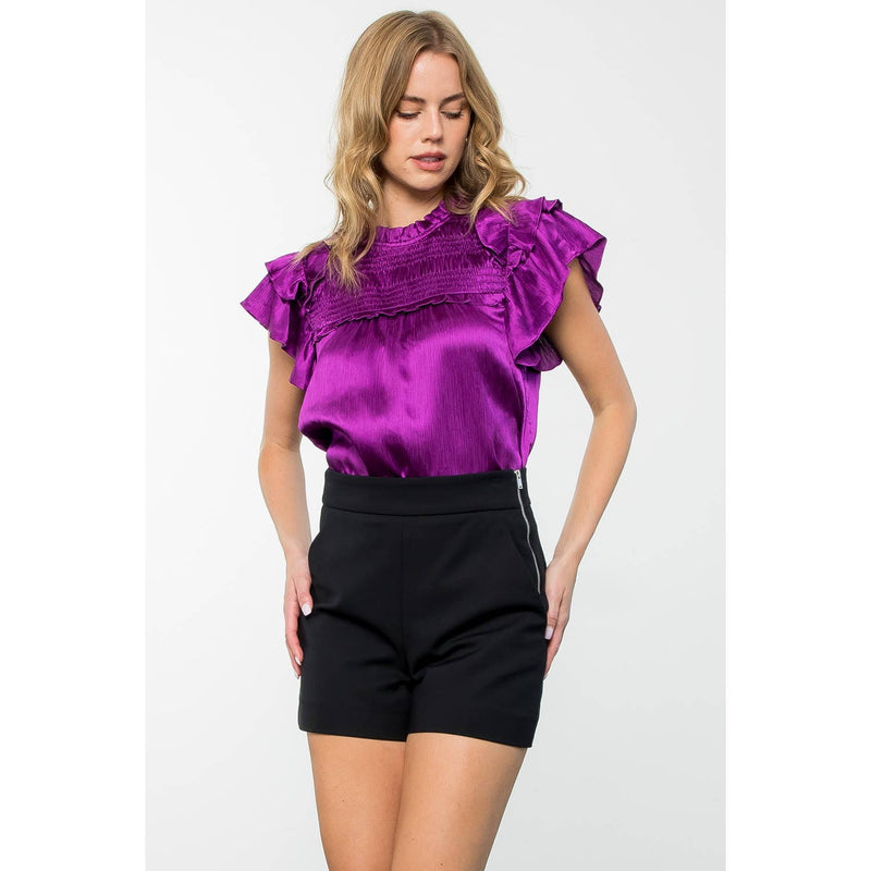 PURPLE SATIN FLUTTER SLEEVE TEXTURED TOP-THML