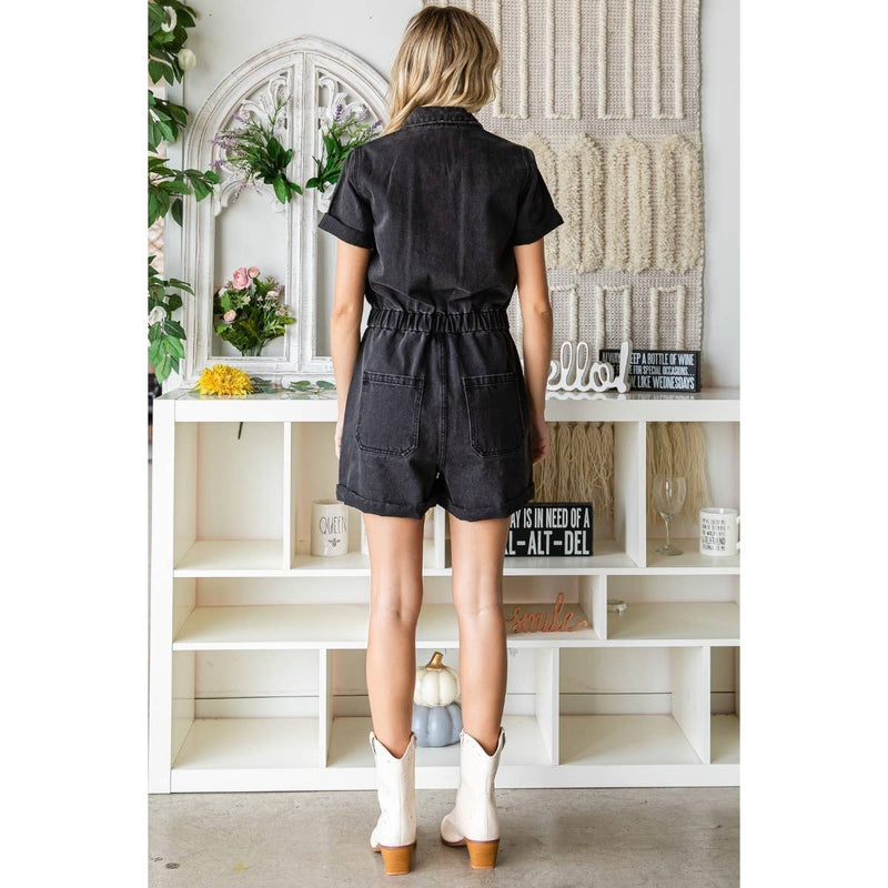 ELASTIC WAIST BAND DENIM ROMPER: BLACK WASH / S-Veveret