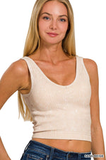 SAND BEIGE WASHED RIB CROP V NECK TANK W/ REMOVABLE BRA-42POPS