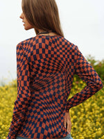 BROWN AND BLACK SHEER LONG SLEEVE CHECKERED TOP-Davi & Dani