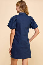 NAVY COLARED PUFF SLEEVE BUTTON DOWN SHIFT DRESS-TCEC