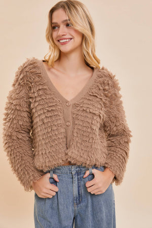 V-NECK TAUPE FUZZY KNIT CARDIGAN