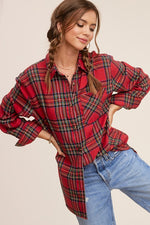 TARTAN RED PLAID BUTTON DOWN FLANNEL COLLARED SHIRT WITH CHEST POCKET-Sissy Boutique