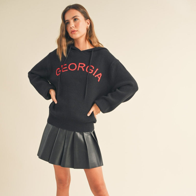 GAME DAY BLACK KNIT PUFF SLEEVE HOODIE WITH RED "GEORGIA" LETTERS-&merci