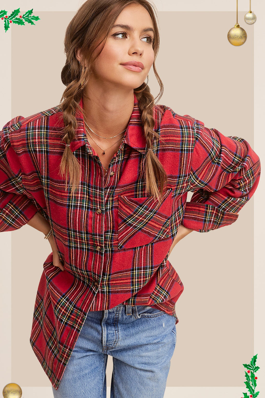 Sissy Boutique Tartan Red Plaid Button Down Flannel Collared Shirt with Chest Pocket Medium
