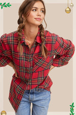 TARTAN RED PLAID BUTTON DOWN FLANNEL COLLARED SHIRT WITH CHEST POCKET-Sissy Boutique