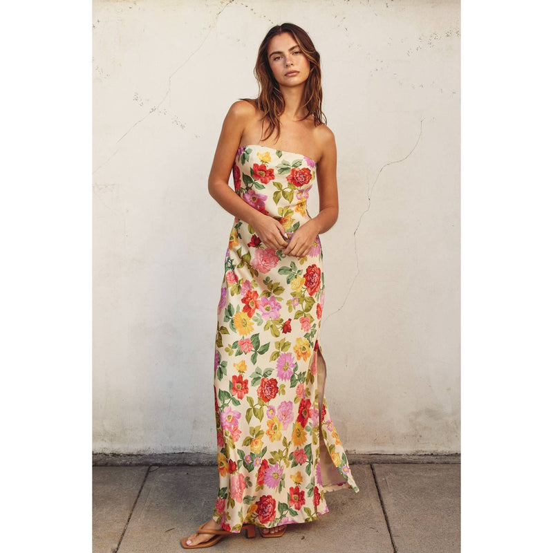 ROMANTIC GARDEN SATIN STRAPLESS BACK CUT MAXI DRESS-Dress Forum