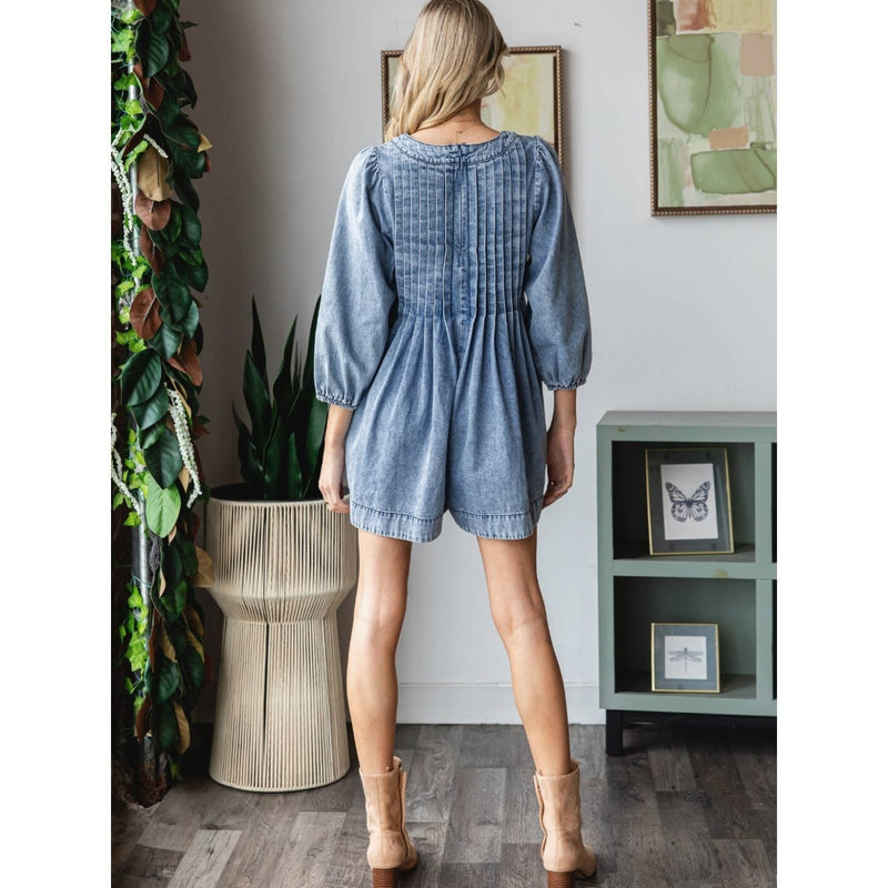 V-neck Puff Sleeve Denim Romper: Medium Wash / L-Veveret-Sissy Boutique