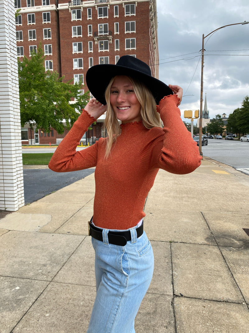 RUST MOCK-NECK KNIT TOP WITH LETTUCE TRIM AND METALLIC ACCENTS-Sissy Boutique