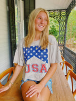 USA FLAG GRAPHIC LONG CROP STONE TEE-Rustee Clothing-Sissy Boutique