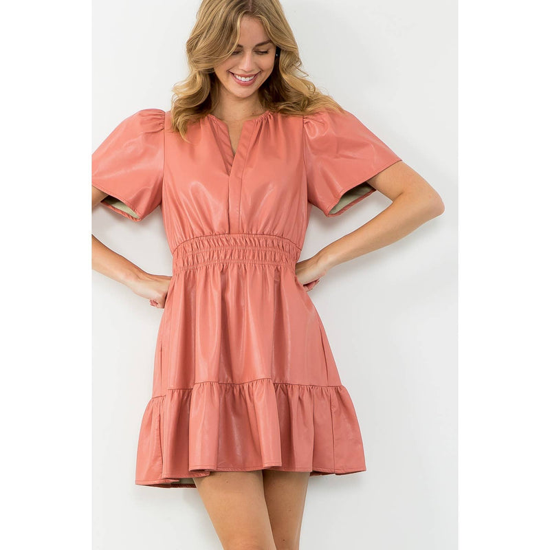 BLUSH SHORT SLEEVE LEATHER DRESS-THML