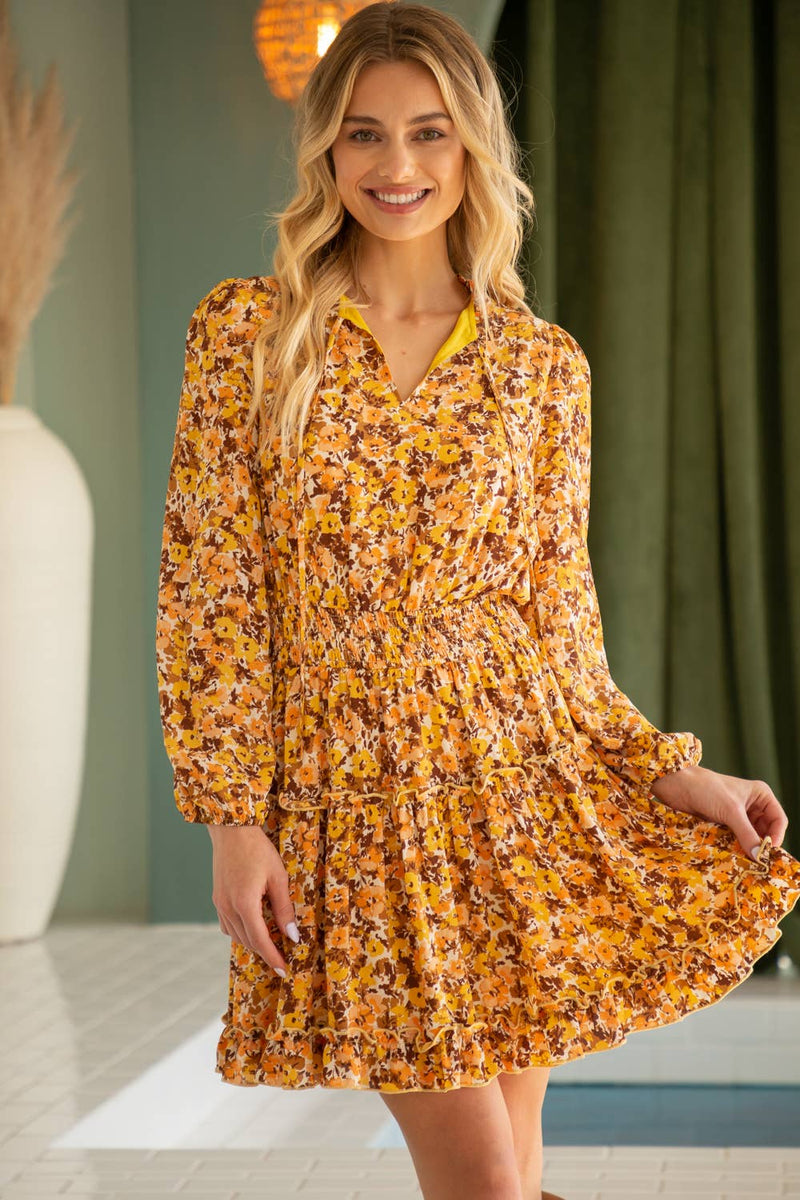 MUSTARD SMOCKED WAIST RUFFLE SKIRT FLORAL DRESS-VOY