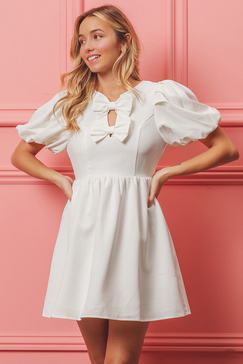 White Double Bow V-Neck Mini Dress