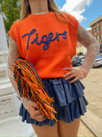 'TIGERS" ORANGE AND NAVY EMBROIDERED SLEEVELESS SWEATER TOP-Cloud Ten