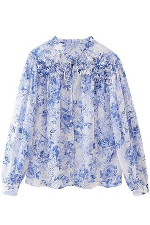 BLUE AND WHITE FLORAL PRINT LONG SLEEVE RUFFLE BLOUSE-Sissy Boutique