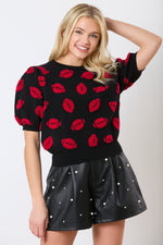 BLACK AND RED FOOTBALL EMBROIDERY PUFF SLEEVE VISCOSE SWEATER-Peach Love California