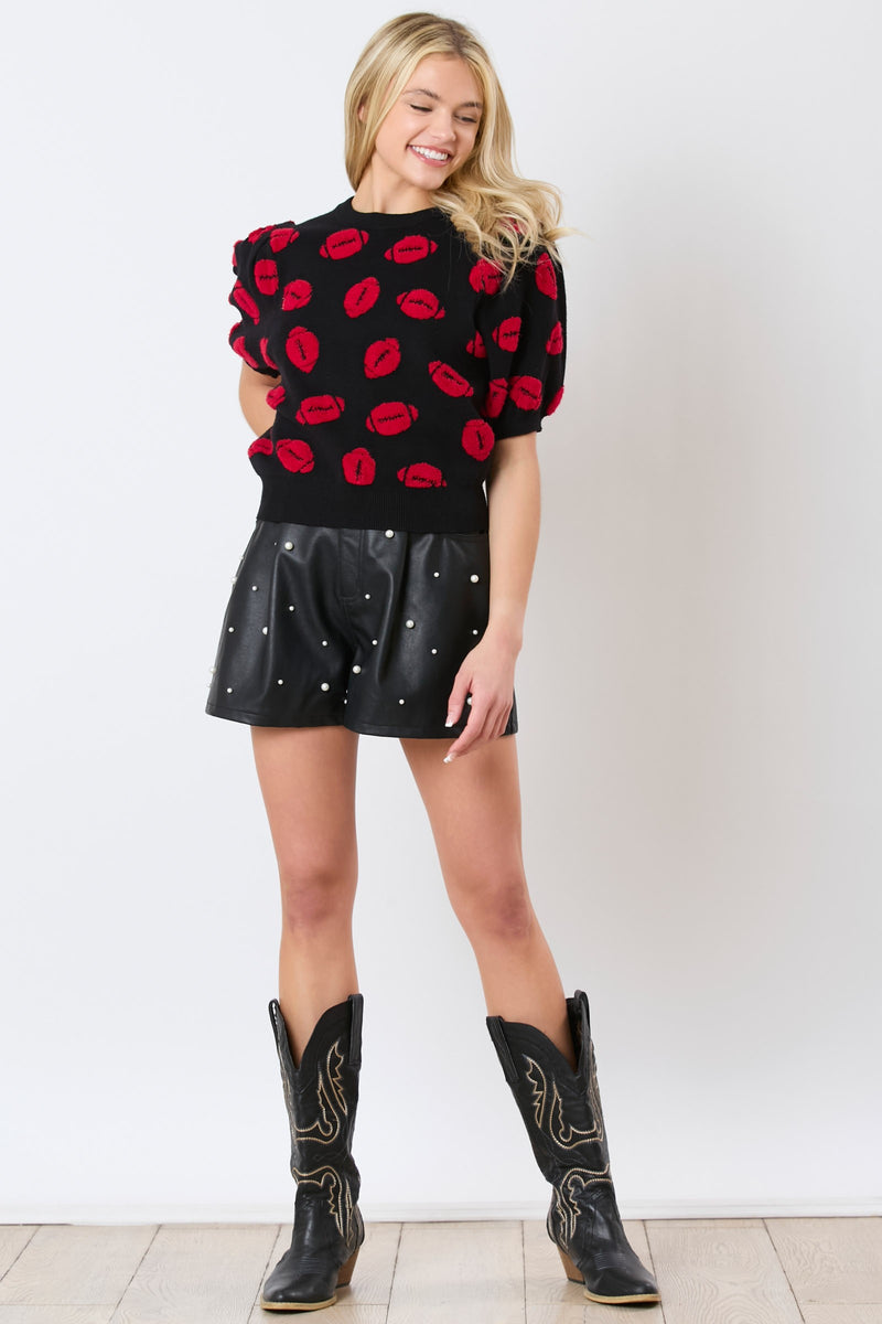 BLACK AND RED FOOTBALL EMBROIDERY PUFF SLEEVE VISCOSE SWEATER-Peach Love California