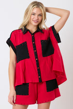 RED AND BLACK RHINESTONE DETAIL COLOR BLOCK TOP-Peach Love California