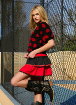 BLACK AND RED FOOTBALL EMBROIDERY PUFF SLEEVE VISCOSE SWEATER-Peach Love California