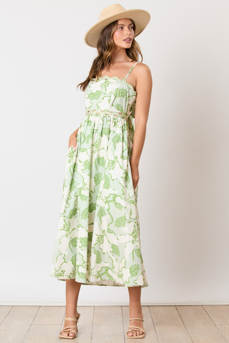 GREEN AND WHITE RIC RAC MAXI DRESS WITH ADJUSTABLE SPAGHETTI STRAPS AND BOW BACK-Peach Love California