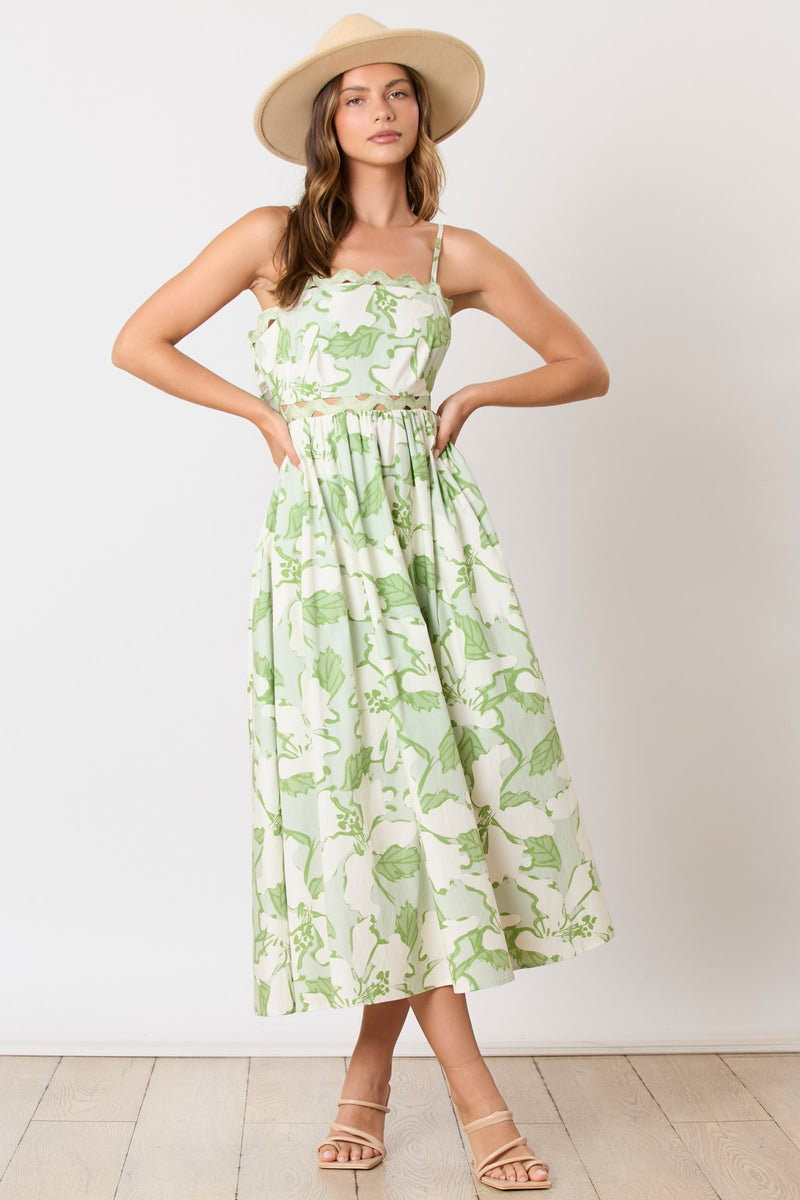 GREEN AND WHITE RIC RAC MAXI DRESS WITH ADJUSTABLE SPAGHETTI STRAPS AND BOW BACK-Peach Love California