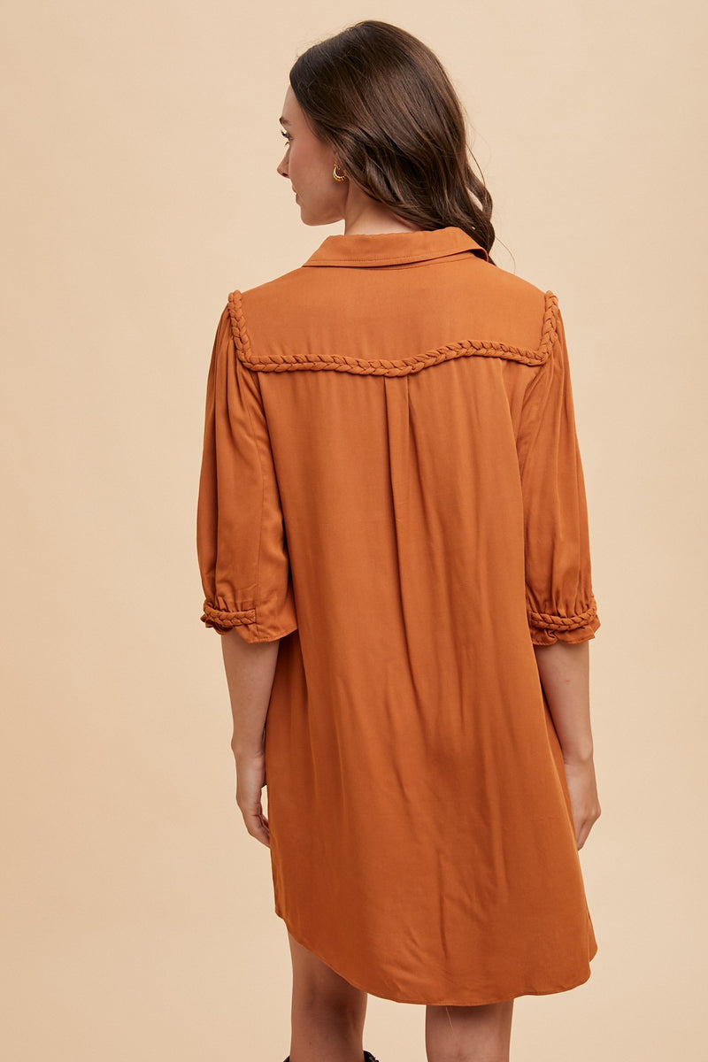 PUMPKIN ORANGE BRAIDED TRIM DETAIL SHIRT MINI DRESS-Sissy Boutique