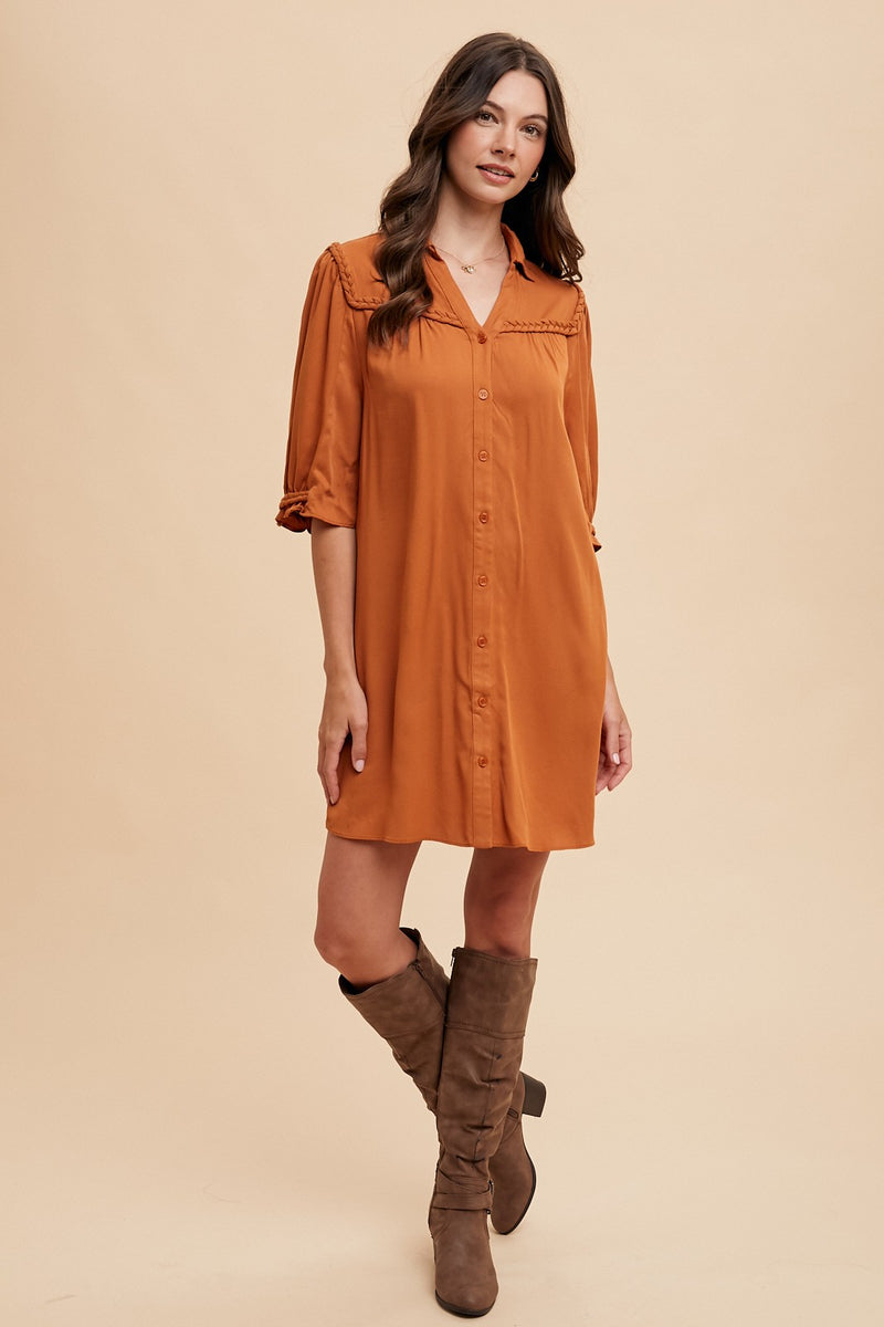 PUMPKIN ORANGE BRAIDED TRIM DETAIL SHIRT MINI DRESS-Sissy Boutique