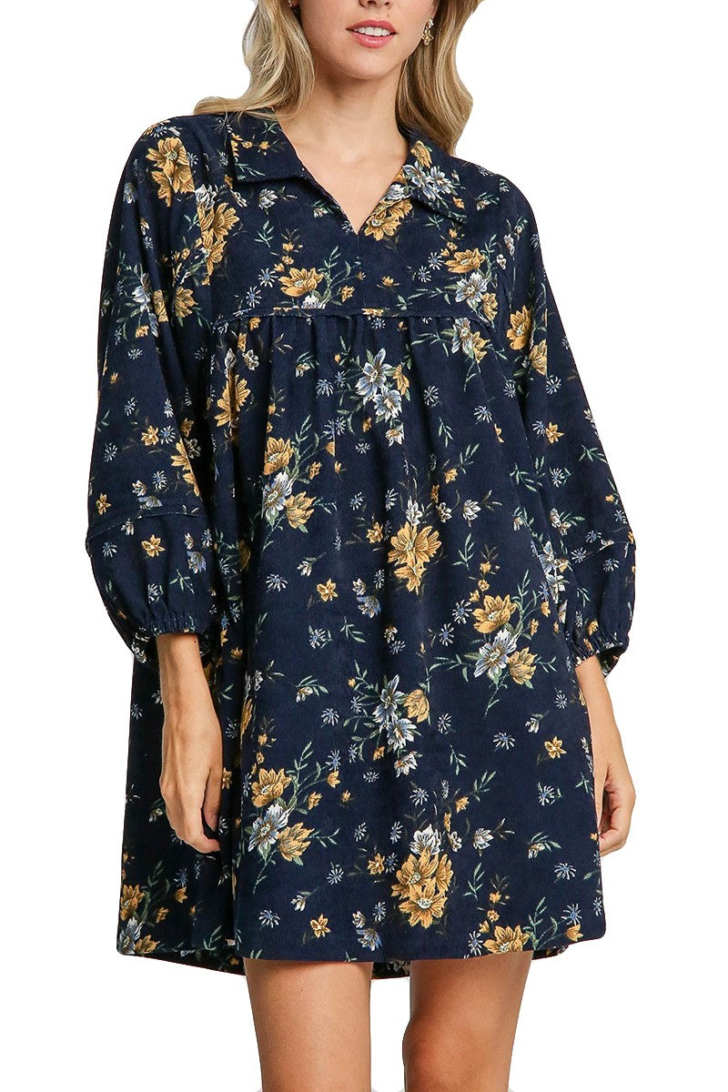 Navy Floral Corduroy Dress-Mad Fit