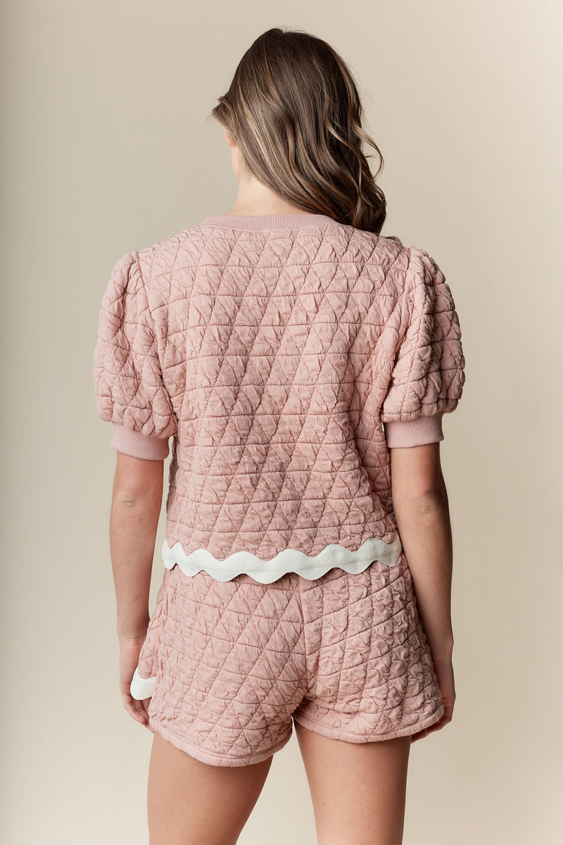Mauve and White Quilted Puff Sleeve Top/Skort Set with Ric Rac Trim-Sissy Boutique-Sissy Boutique
