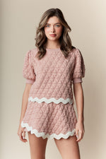 Mauve and White Quilted Puff Sleeve Top/Skort Set with Ric Rac Trim-Sissy Boutique-Sissy Boutique