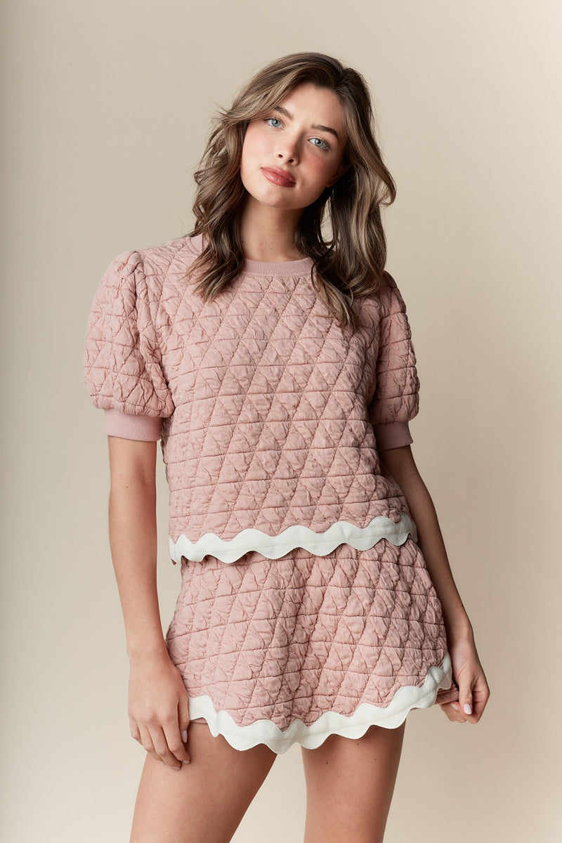 Mauve and White Quilted Puff Sleeve Top/Skort Set with Ric Rac Trim-Sissy Boutique-Sissy Boutique