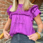 PURPLE SATIN FLUTTER SLEEVE TEXTURED TOP-THML