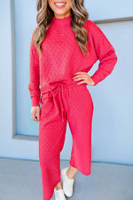 HOT PINK CHECKERED TEXTURED PULLOVER TOP AND PANTS SET-Aapparella